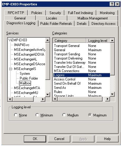 Configuring Diagnostic logging On Exchange Server 2003